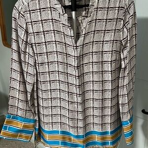 J. Crew Collection Brown and White Silk Tunic with Blue and Gold Accents